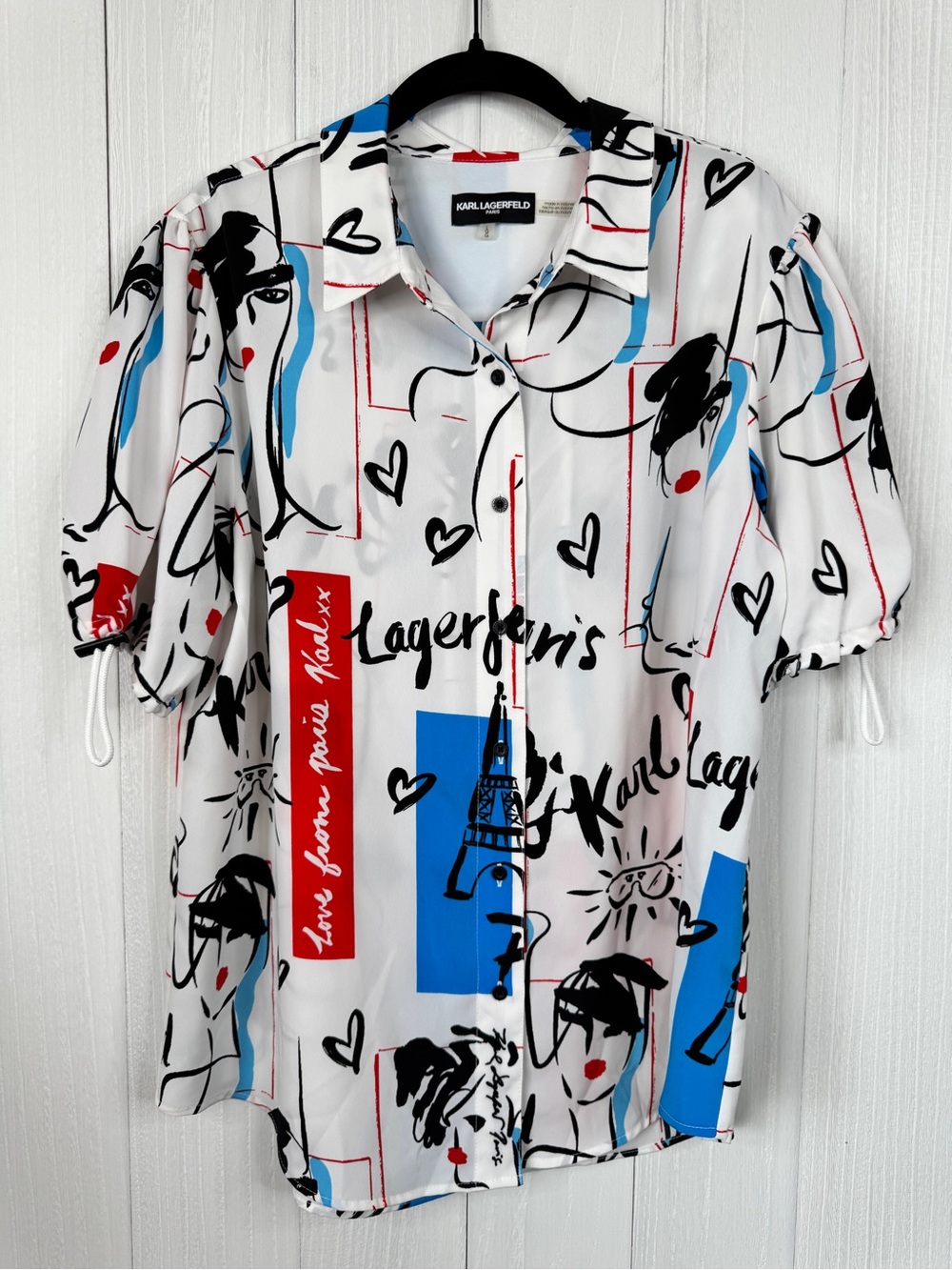 Karl Lagerfeld Paris Printed Bungee-Sleeve Button-Down Top L